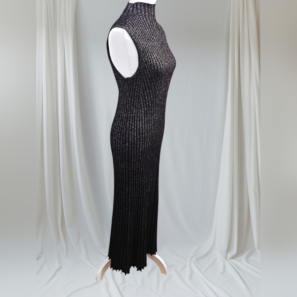 DKNY Black/Gold Sheath Maxi Dress Mock Neck Sleeveless